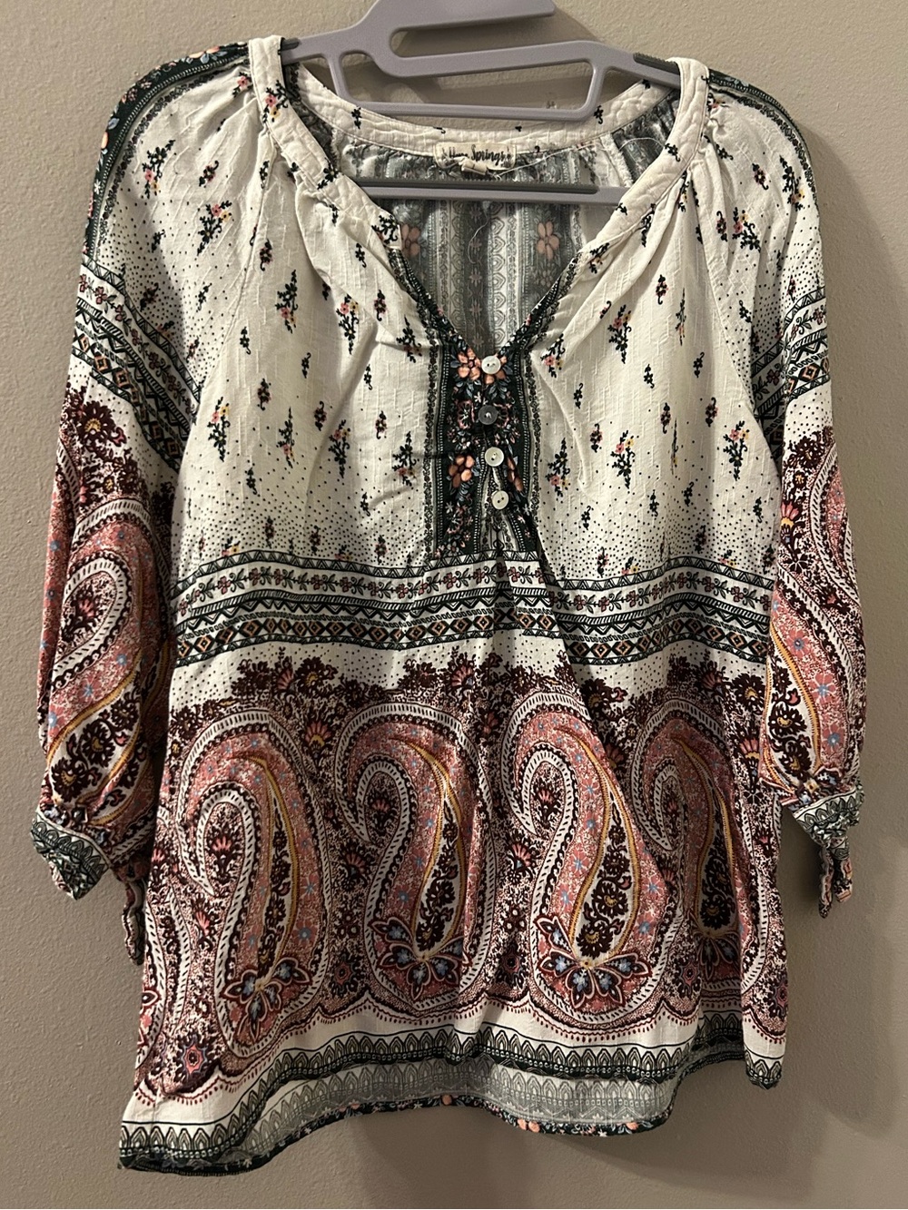 Hope Springs Boho Cream Paisley Peasant Tunic with Button Detail